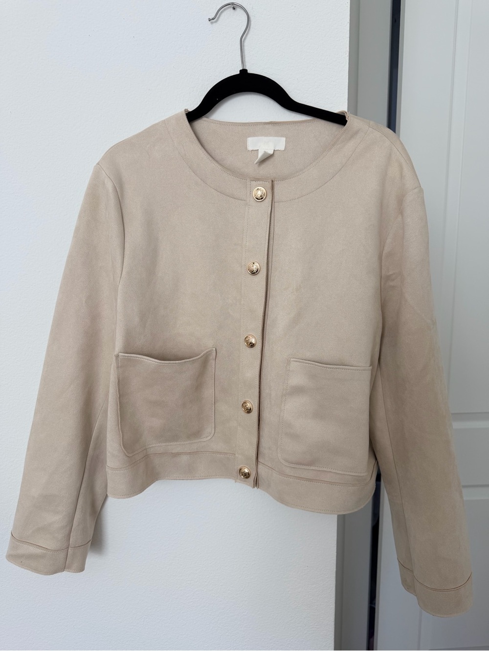 H&M Neutral Beige Button-Front Cropped Jacket